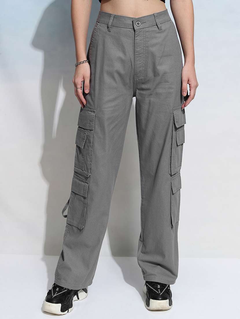 women grey cotton straight trouser