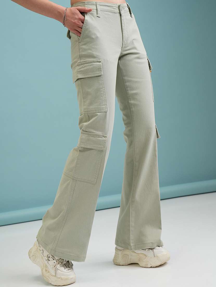 Women Green Cotton Straight Cargos - 22462397 -  Standard Image - 3