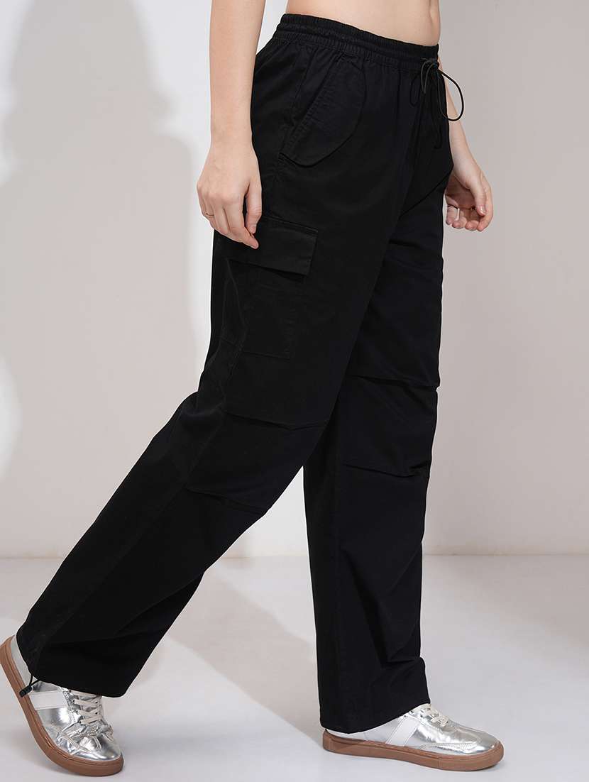 Women Black Cotton Straight Cargos - 22462400 -  Standard Image - 3