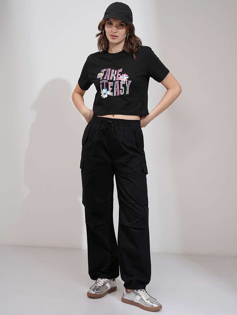 Women Black Cotton Straight Cargos - 22462400 -  Standard Image - 5