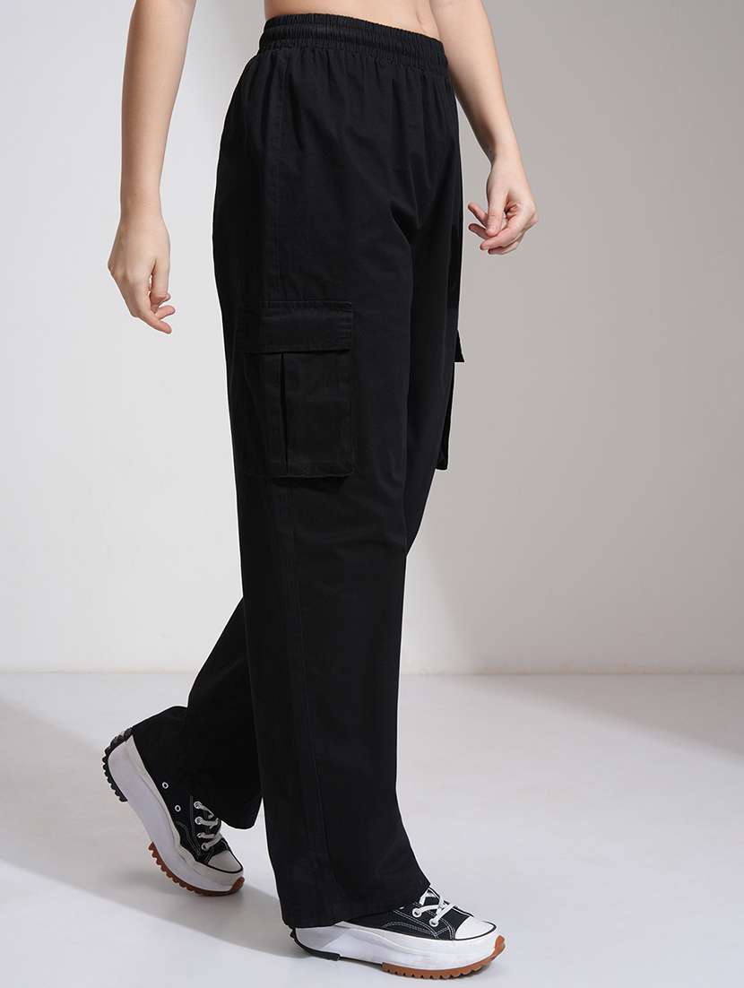 Women Black Cotton Straight Cargos - 22462401 -  Standard Image - 3