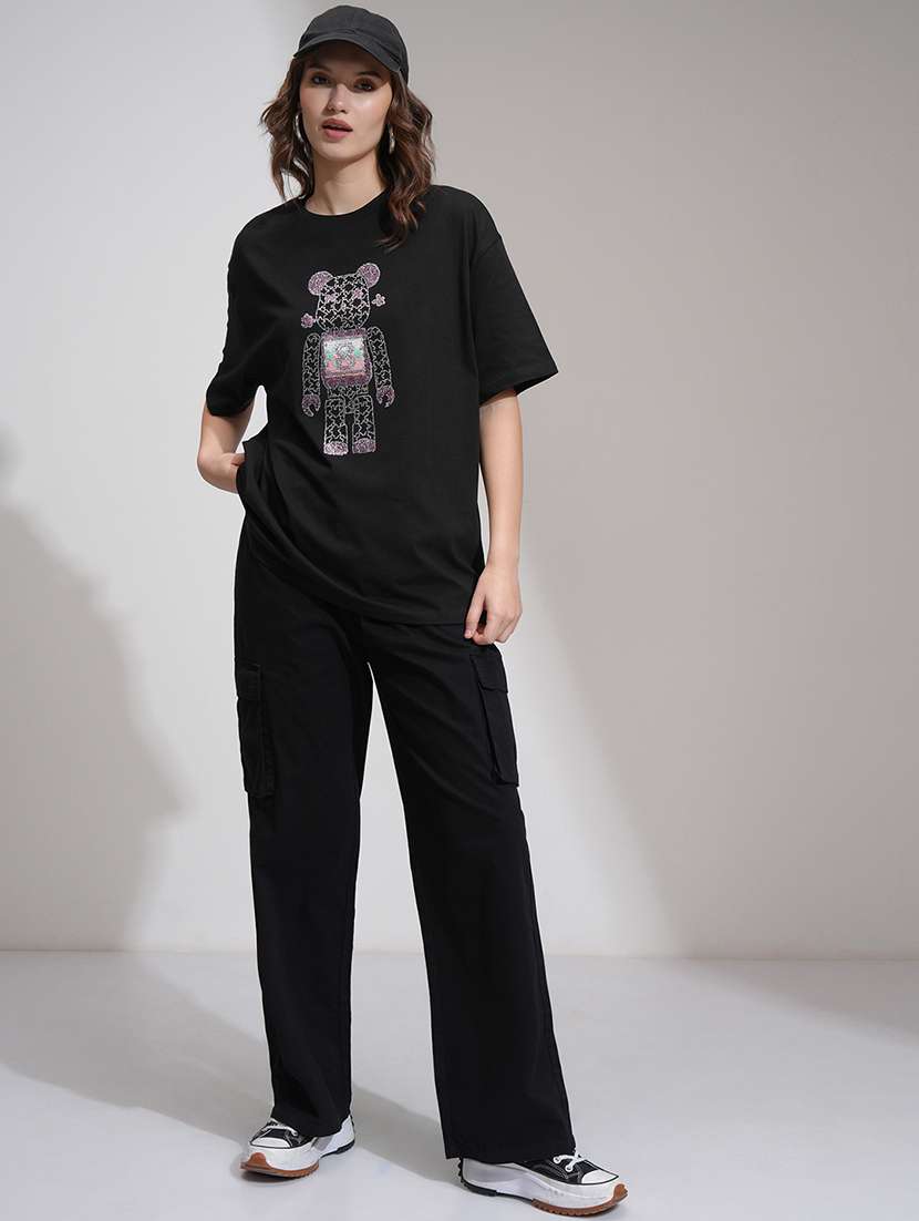 Women Black Cotton Straight Cargos - 22462401 -  Standard Image - 5