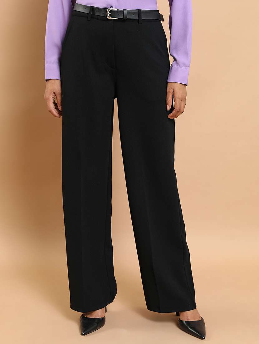 women black polyester straight trouser