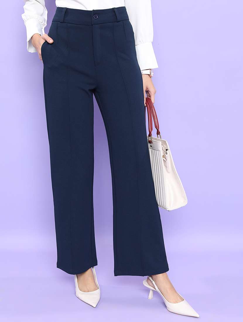 women navy blue polyester straight trouser