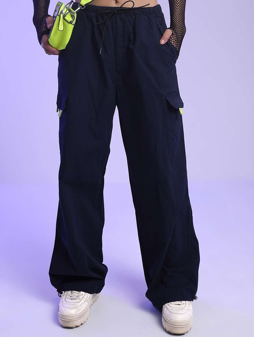 women navy blue cotton straight cargos