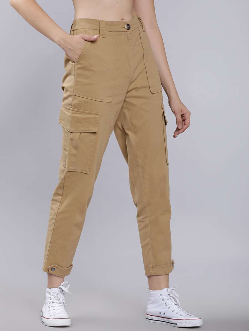 women beige cotton straight cargos - 22462416 -  Standard Image - 3
