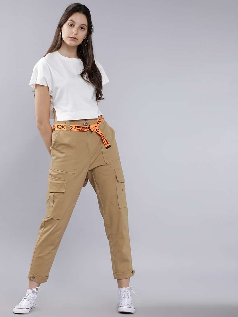 women beige cotton straight cargos - 22462416 -  Standard Image - 5