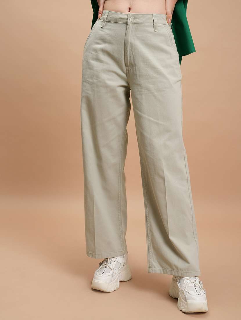 women grey cotton straight trouser