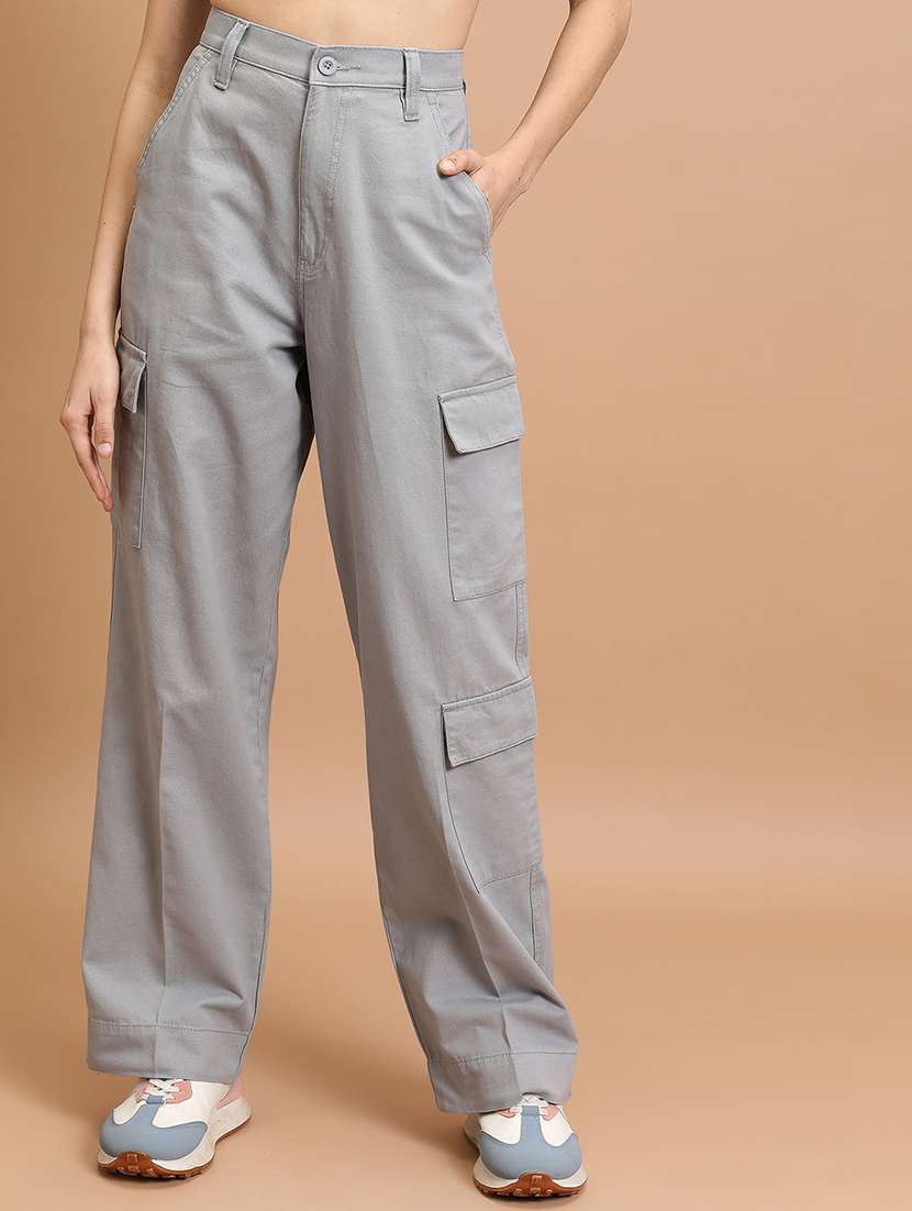 women grey cotton straight trouser
