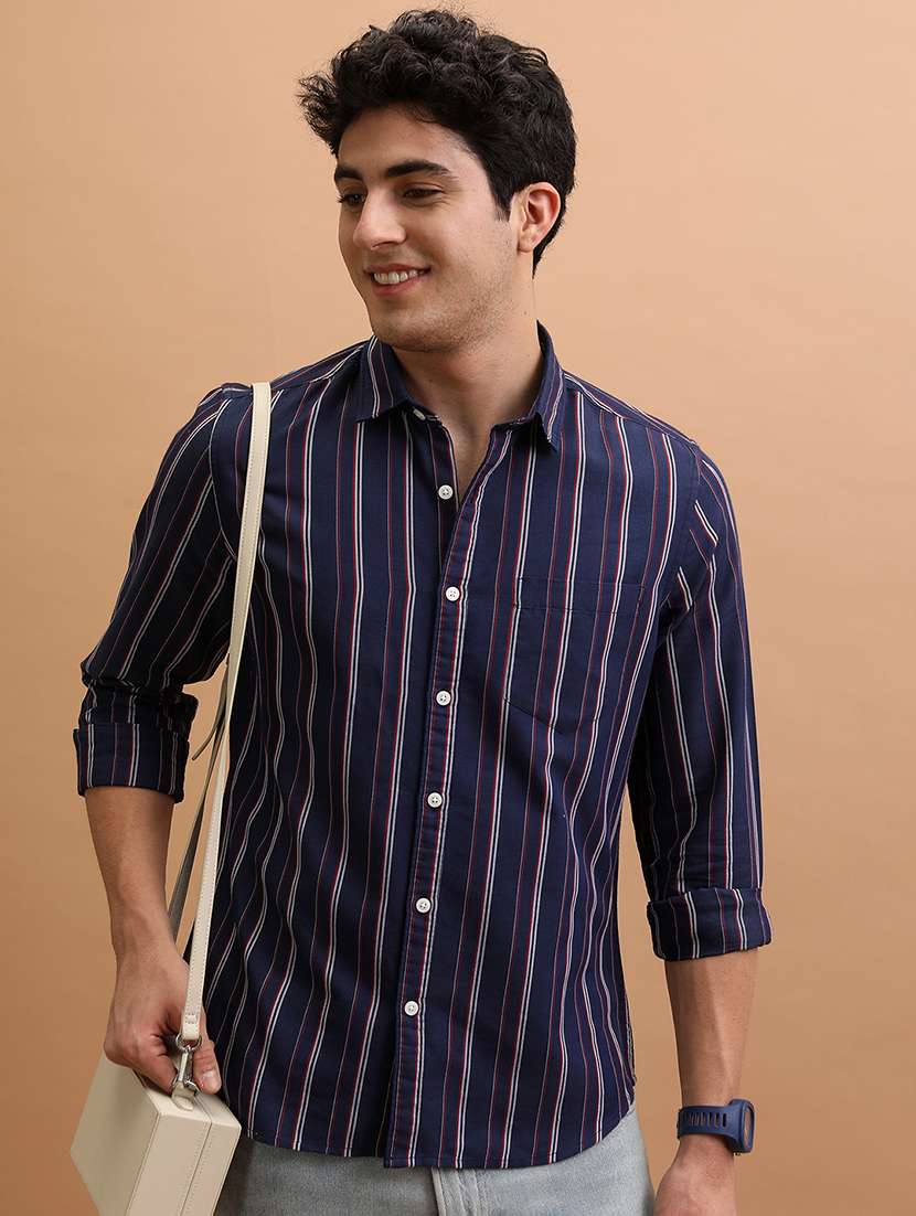 men striped long sleeve regular fit casual shirt