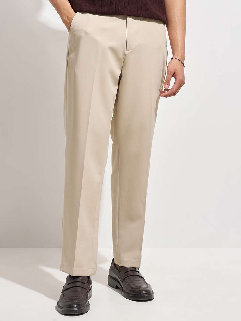 men solid mid rise flat front casual trouser