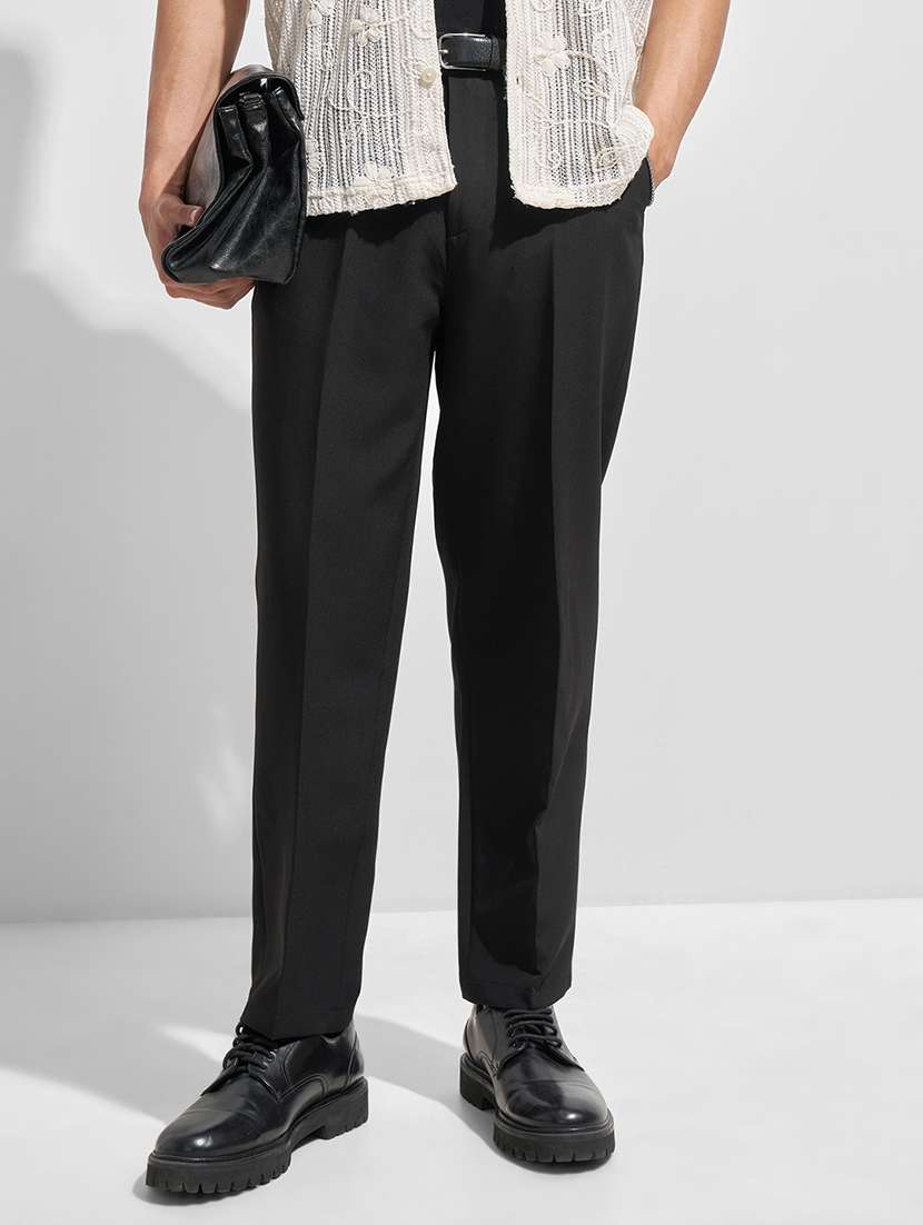 men solid mid rise flat front casual trouser