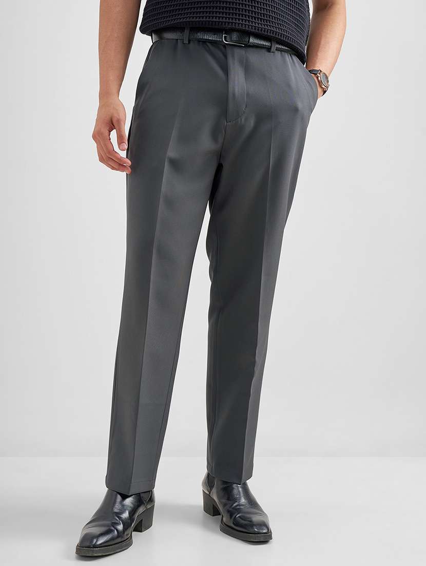 men grey polyester pleated casual trouser