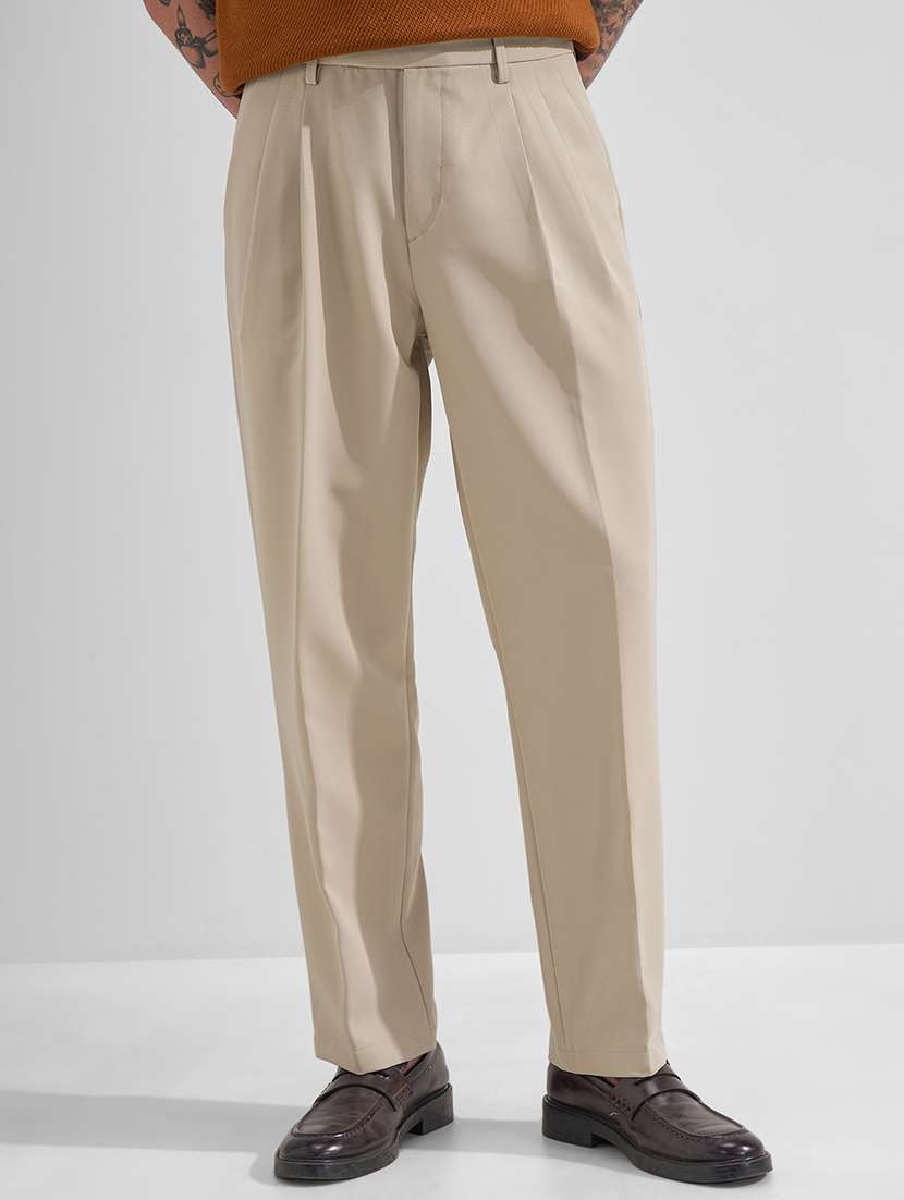 men beige polyester pleated casual trouser