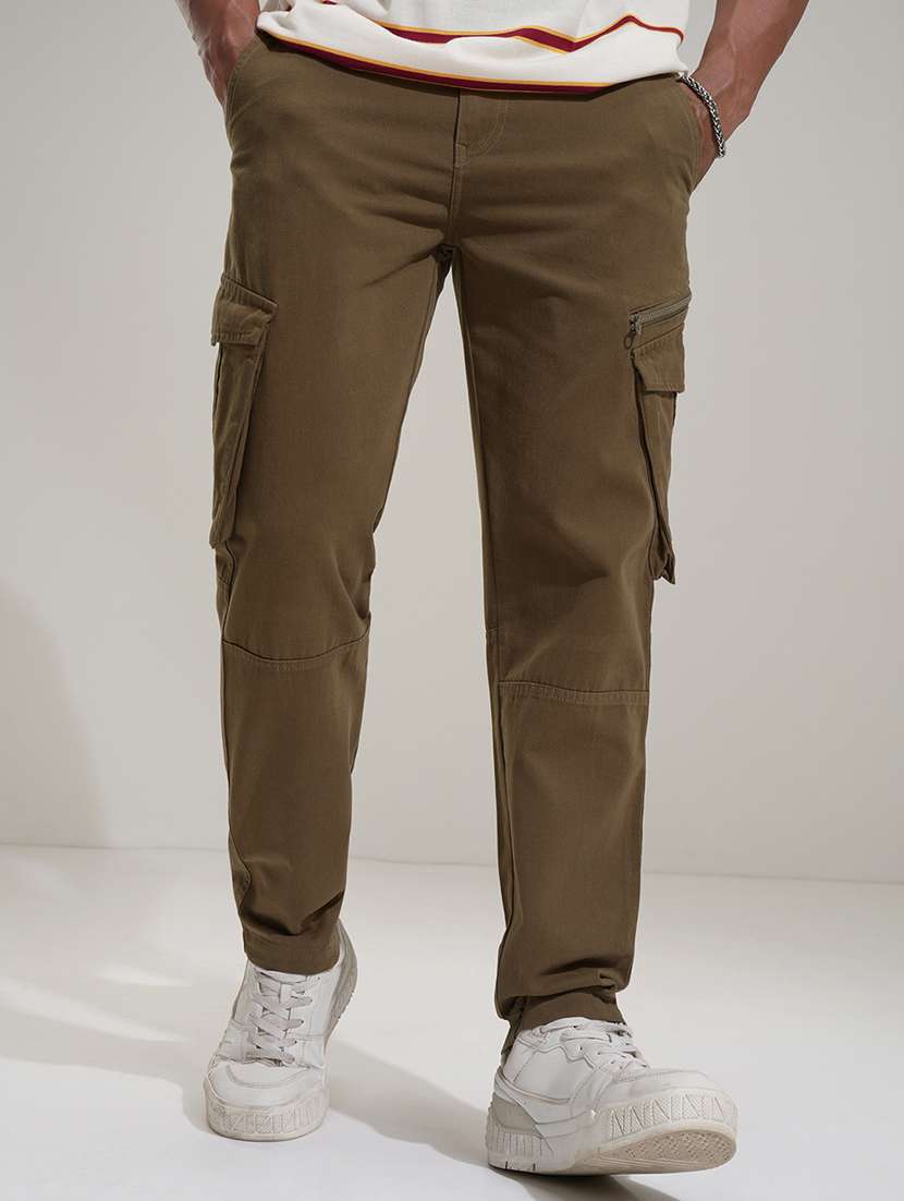 men solid cotton regular fit cargos trousers