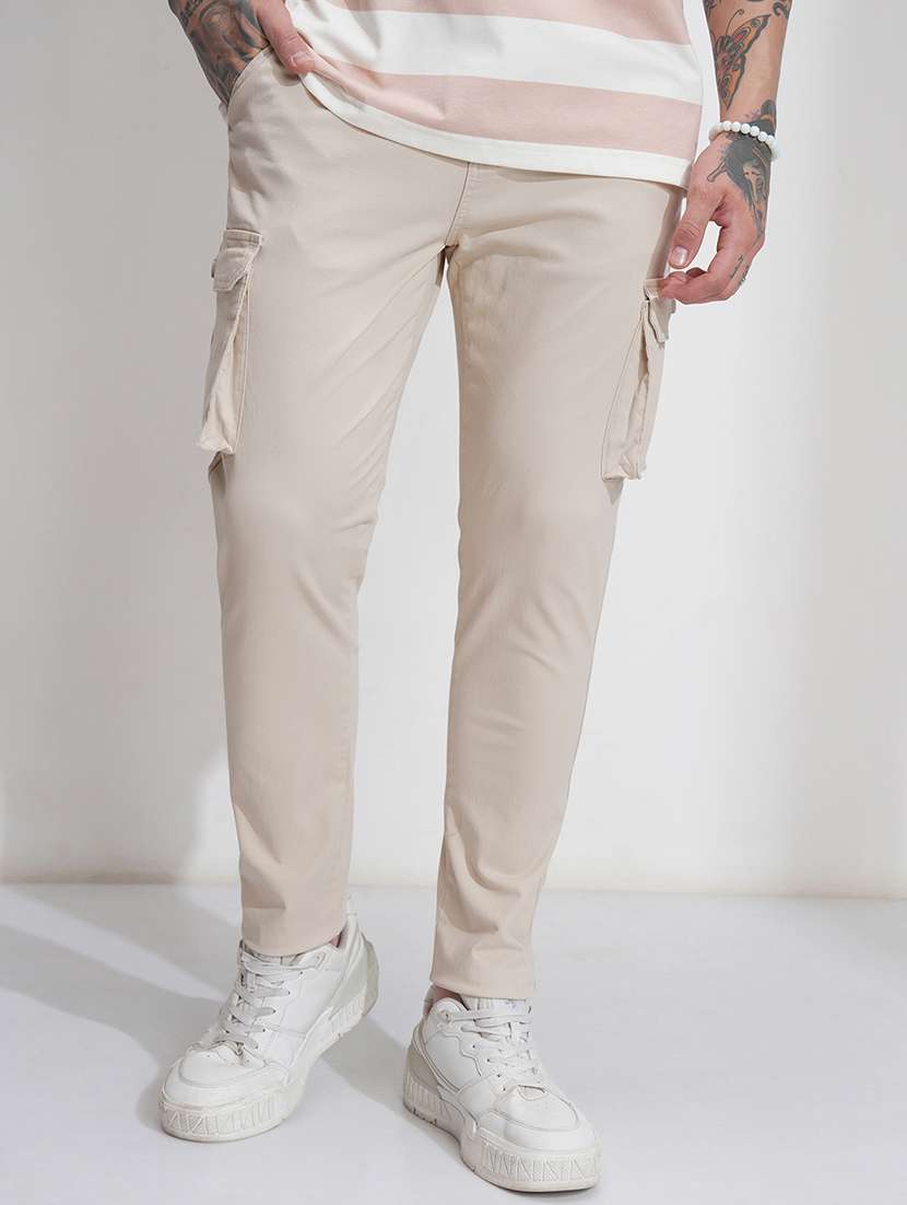 men regular fit beige cotton solids trousers