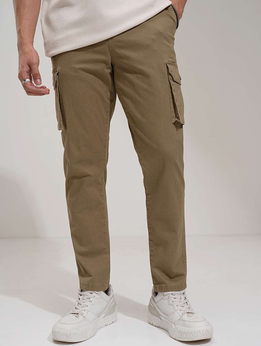 men brown cotton pleated casual trouser