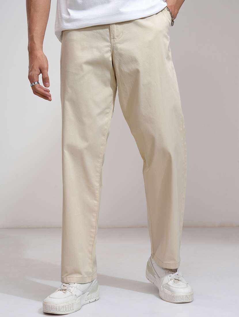 men off white cotton pleated casual trouser