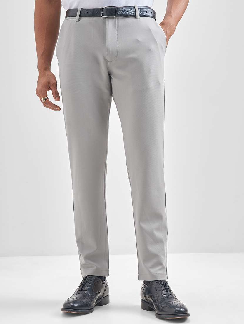 men grey polyester pleated casual trouser