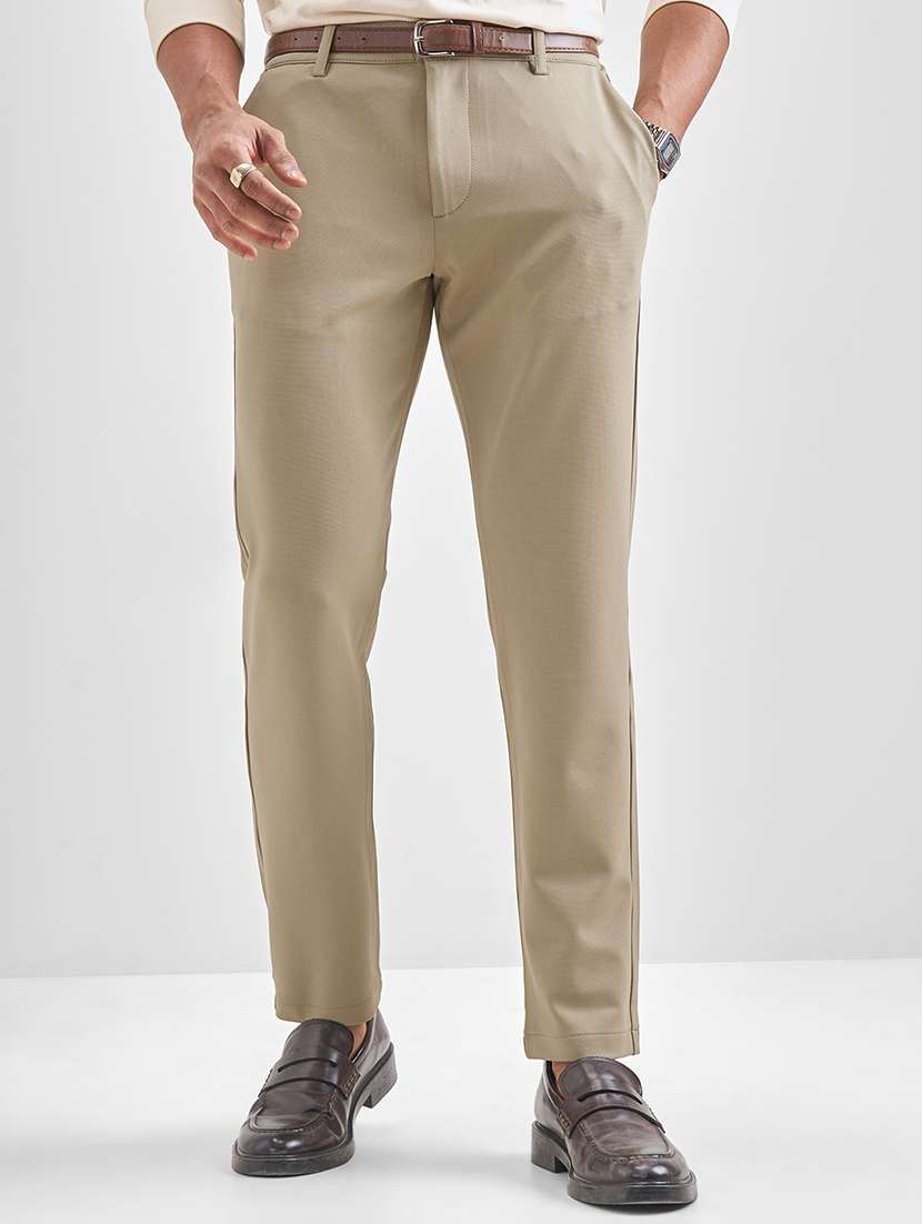 men trousers beige solids regular fit casual wear