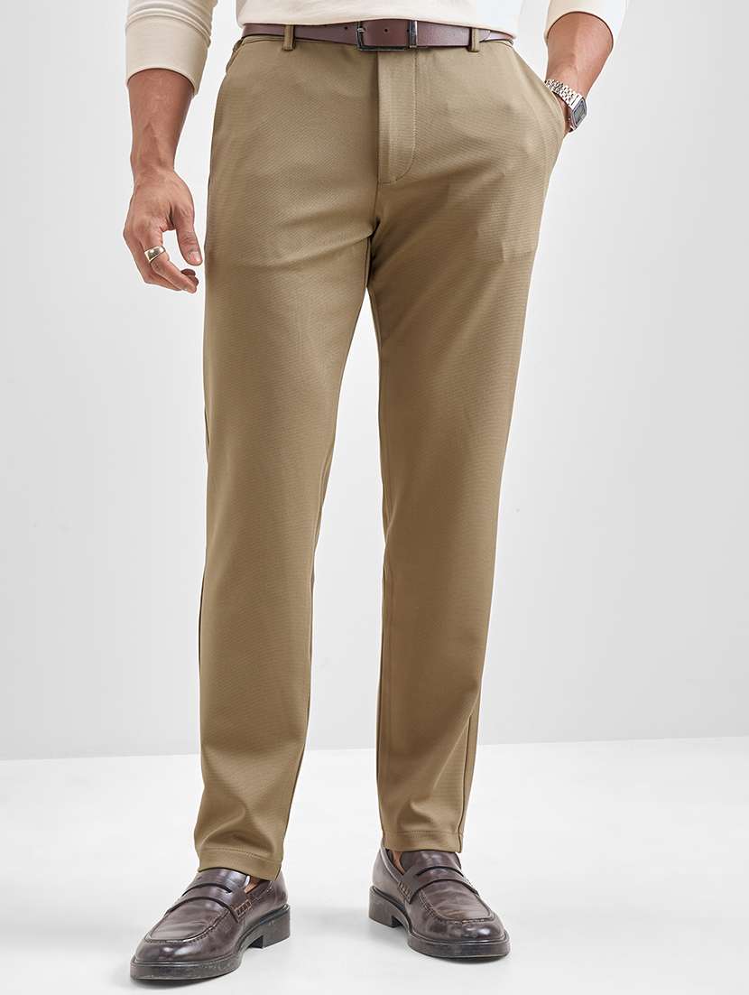 men khaki polyester pleated casual trouser
