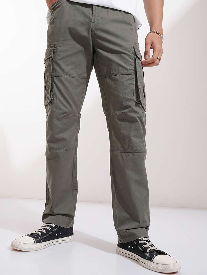 men grey cotton pleated casual trouser