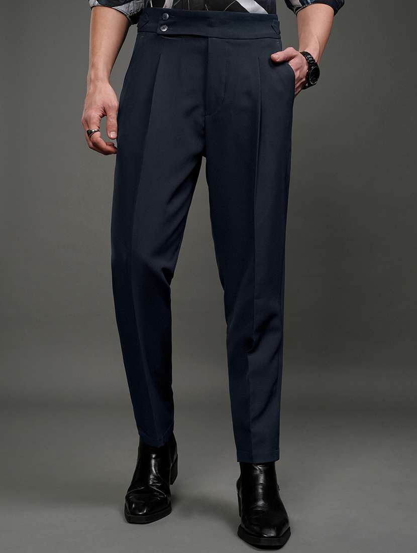 men navy blue polyester pleated casual trouser