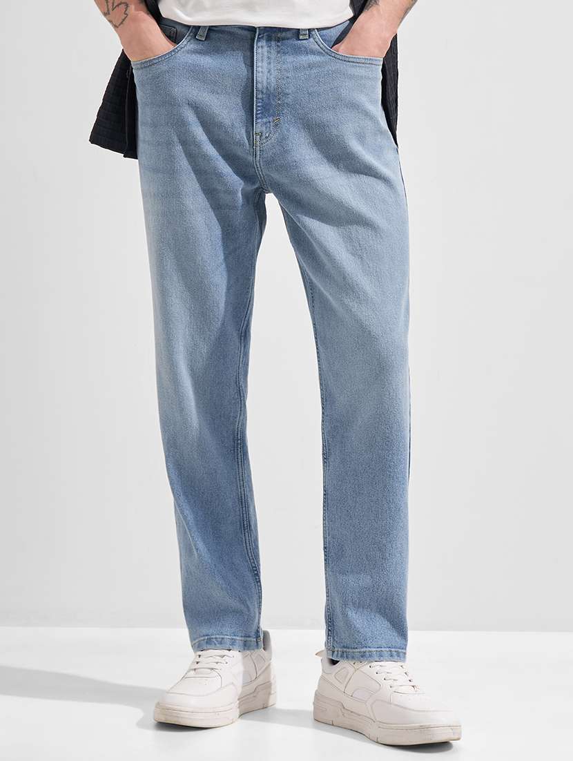 men washed mid rise full length tapered jeans