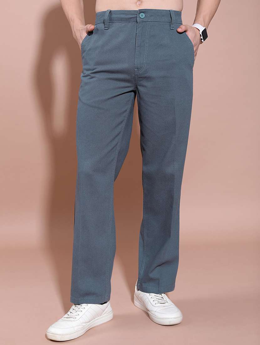 men blue cotton pleated casual trouser