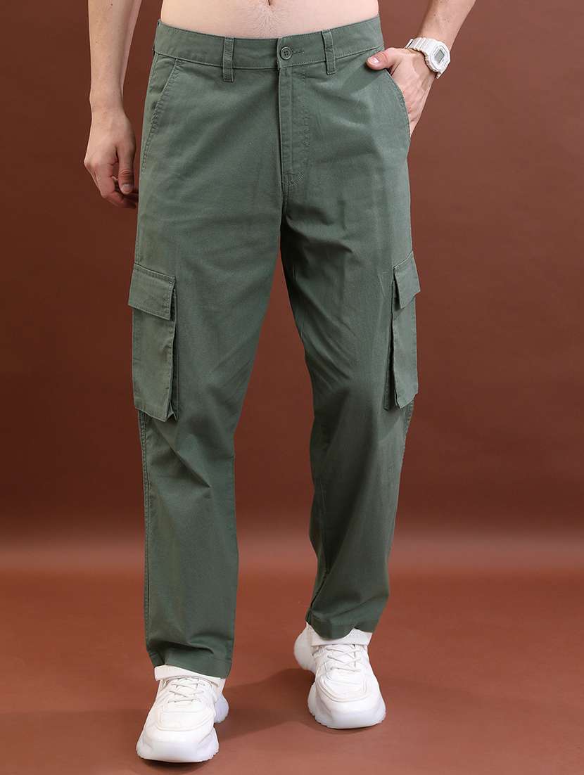green cotton regular fit cargo trousers