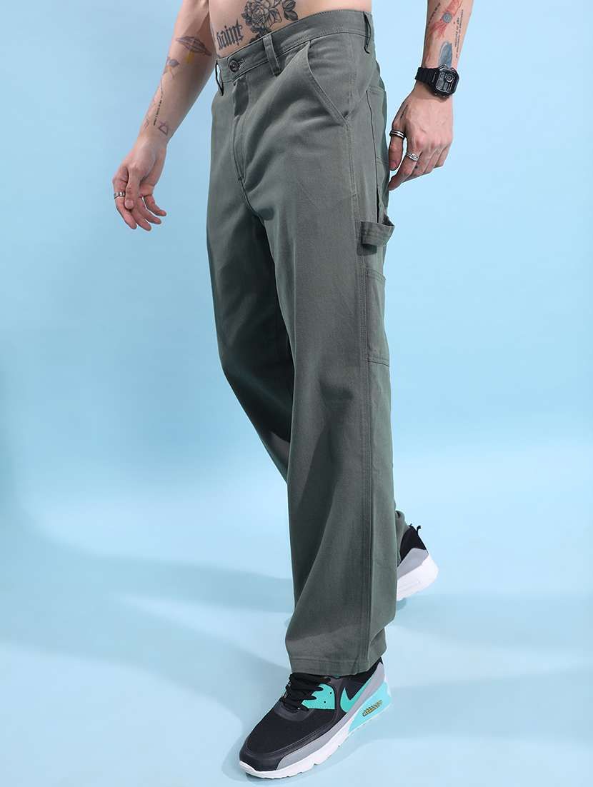 Men Olive Solids Casual Regular Fit Trousers - 22462773 -  Standard Image - 3
