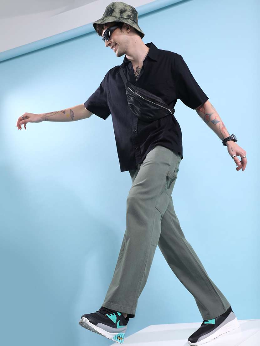 Men Olive Solids Casual Regular Fit Trousers - 22462773 -  Standard Image - 5