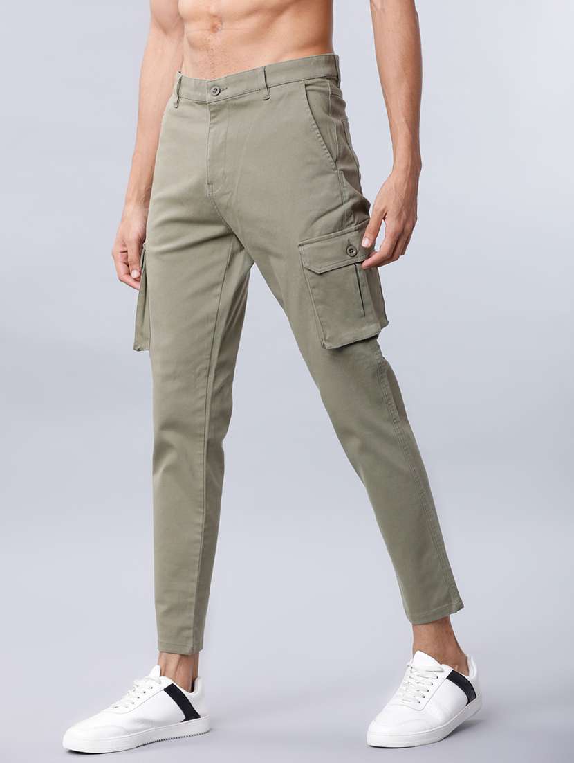 men olive cotton blend regular fit cargos trousers - 22462785 -  Standard Image - 3