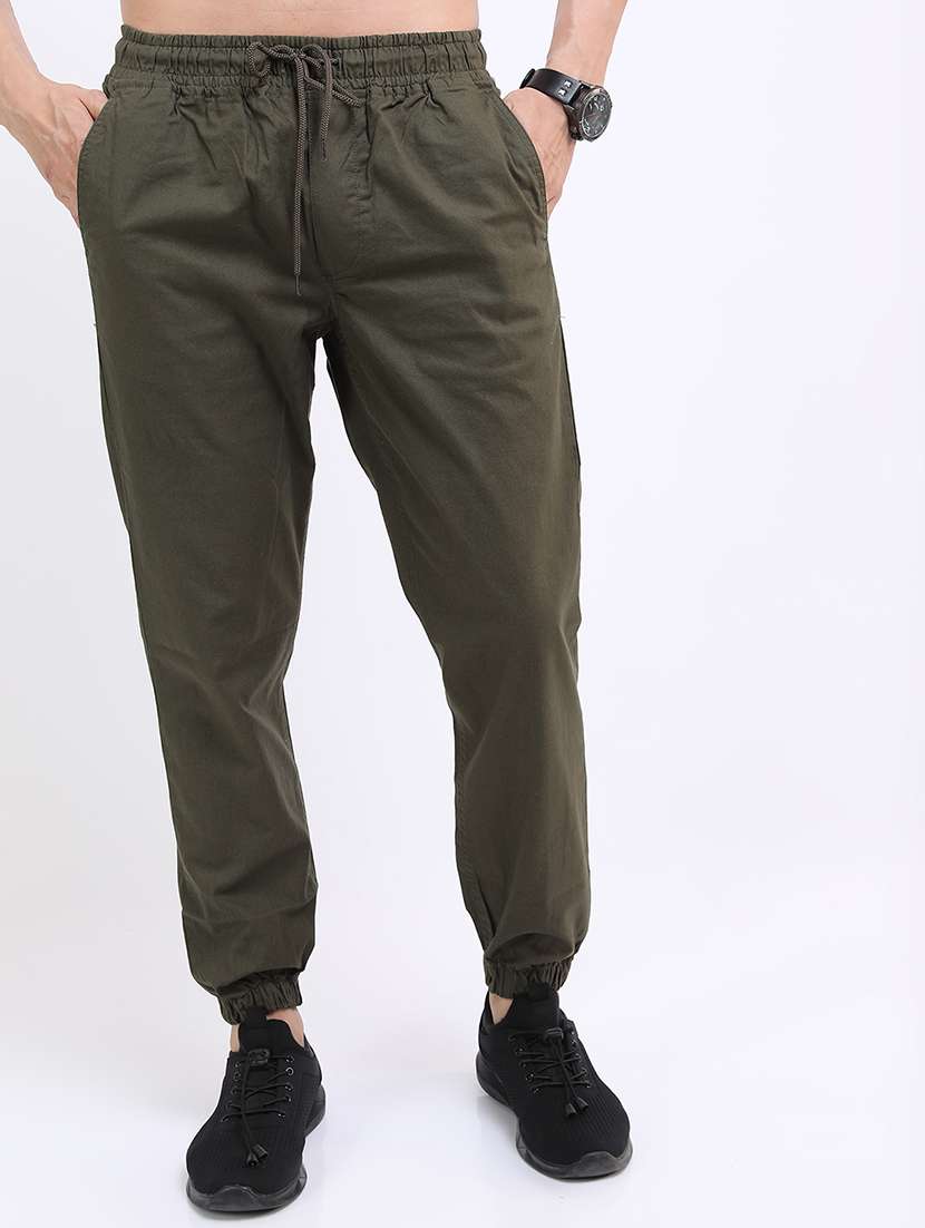 men olive cotton pleated casual trouser
