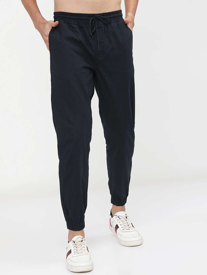 men navy blue cotton pleated casual trouser