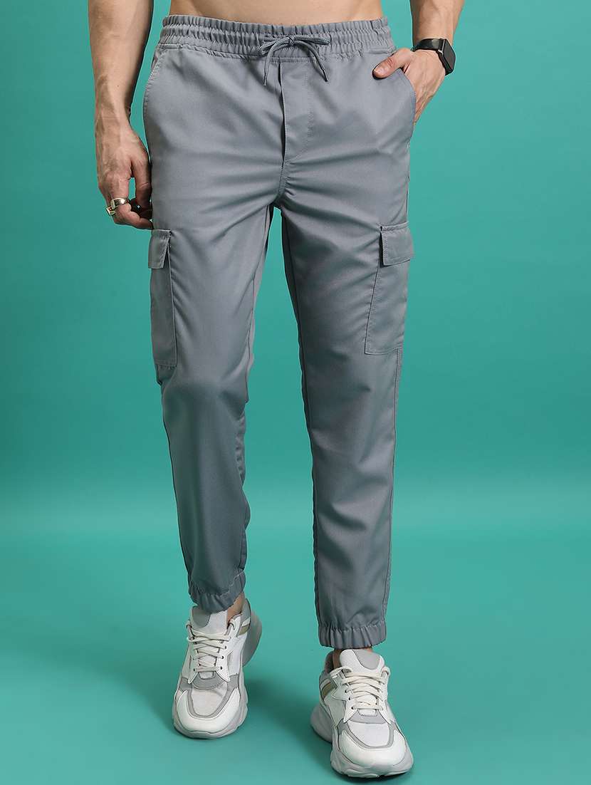 men grey polyester pleated casual trouser