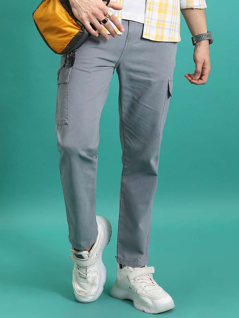 men grey cotton pleated casual trouser