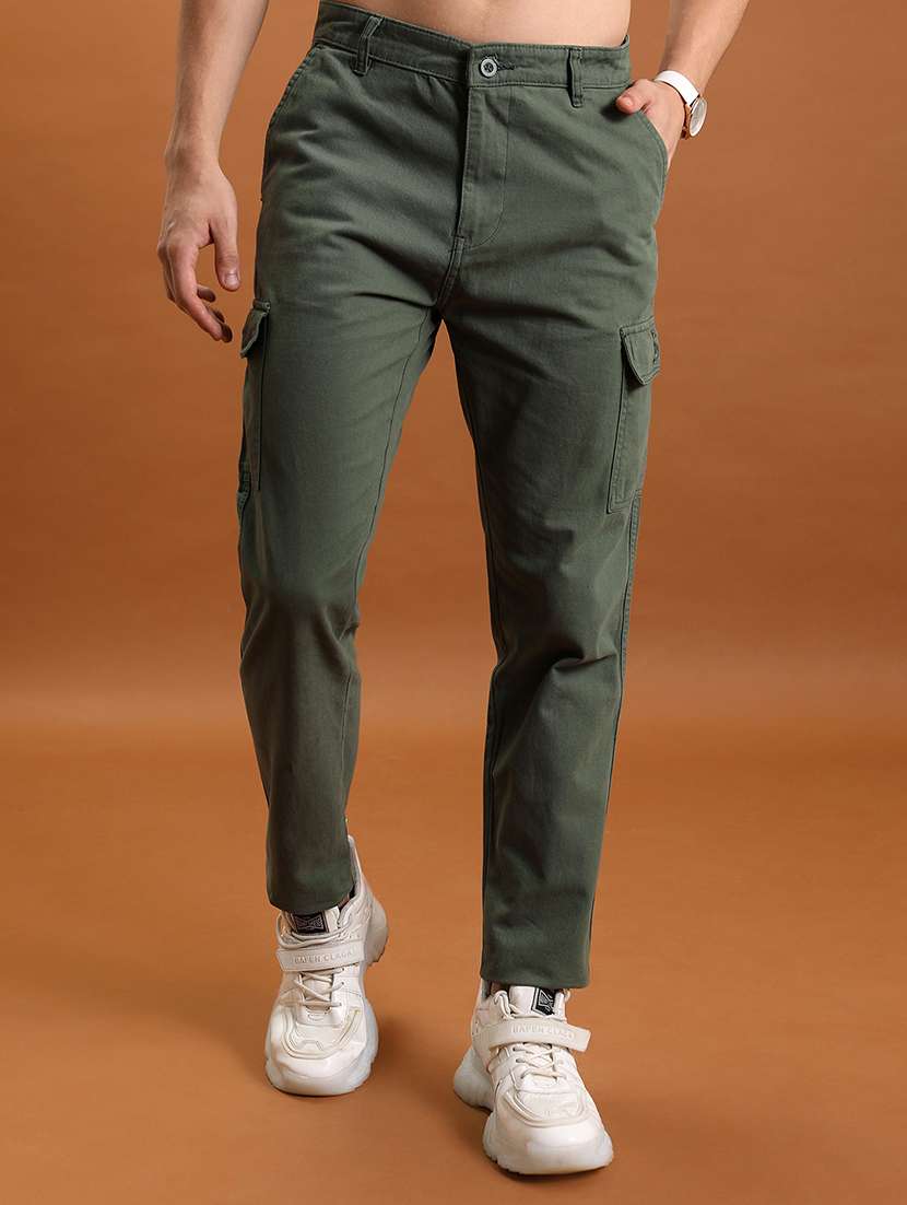 men olive cotton pleated casual trouser