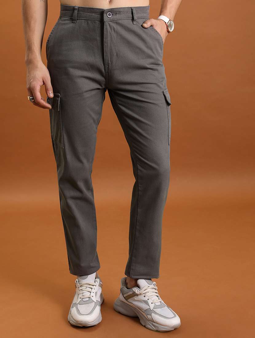 men grey cotton pleated casual trouser