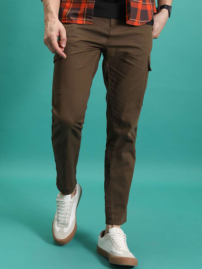 men solid brown cotton pleated casual trouser