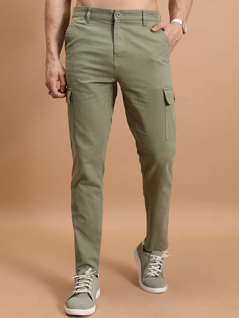 men olive cotton pleated casual trouser