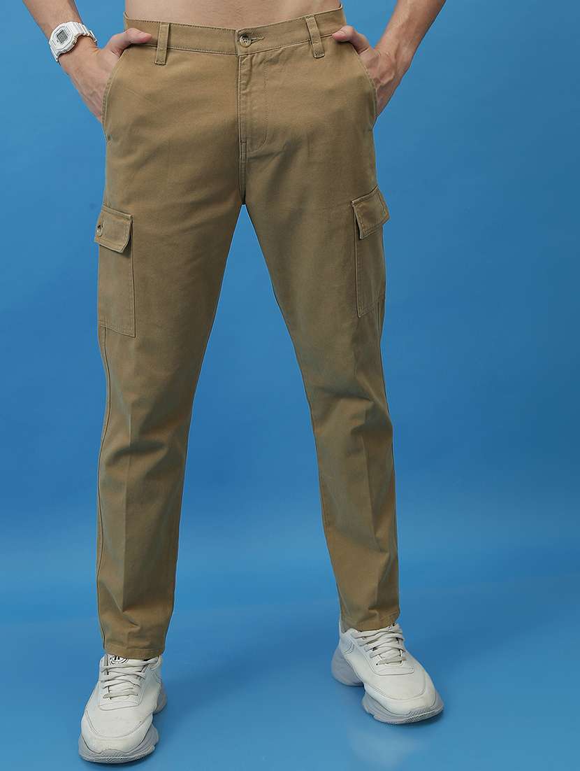 men khaki cotton pleated casual trouser