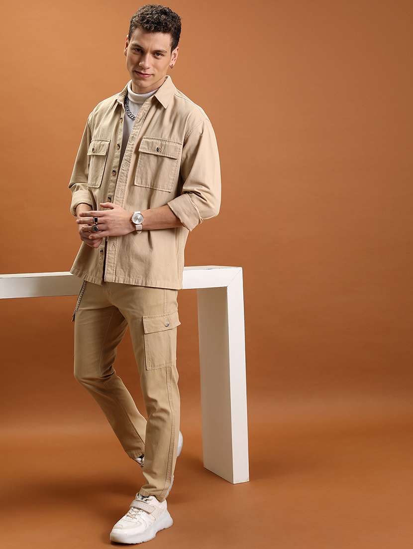 men beige cotton blend casual cargos trousers - 22462837 -  Standard Image - 5