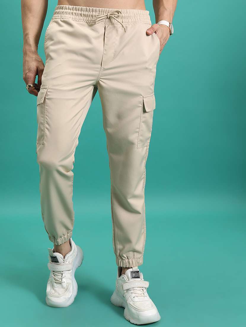 men beige polyester pleated casual trouser