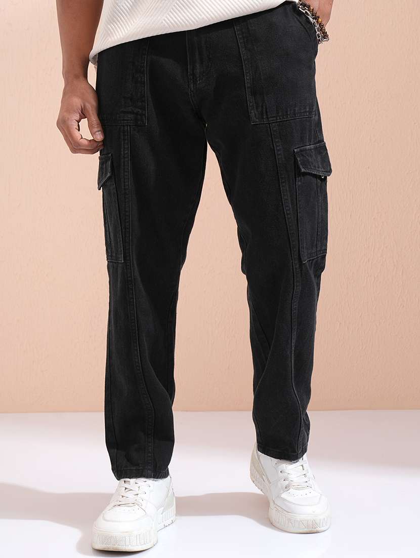 men solid  black cotton jean