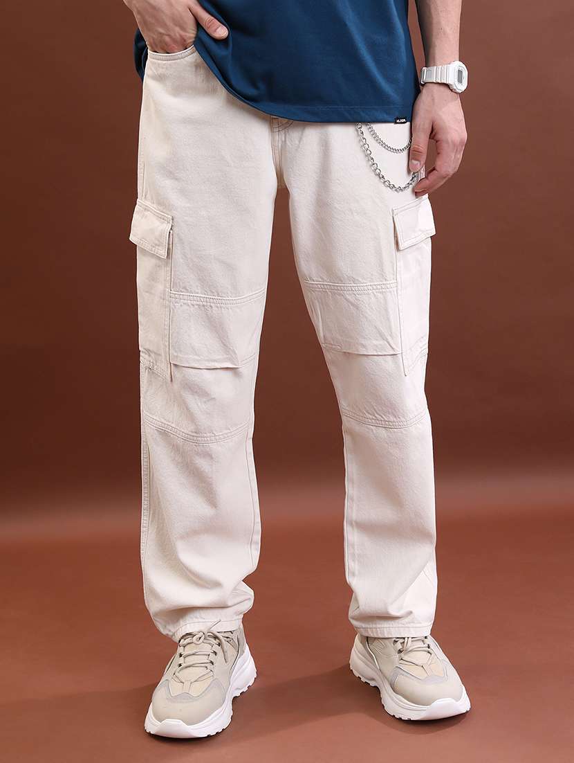 men solid  cream cotton jean