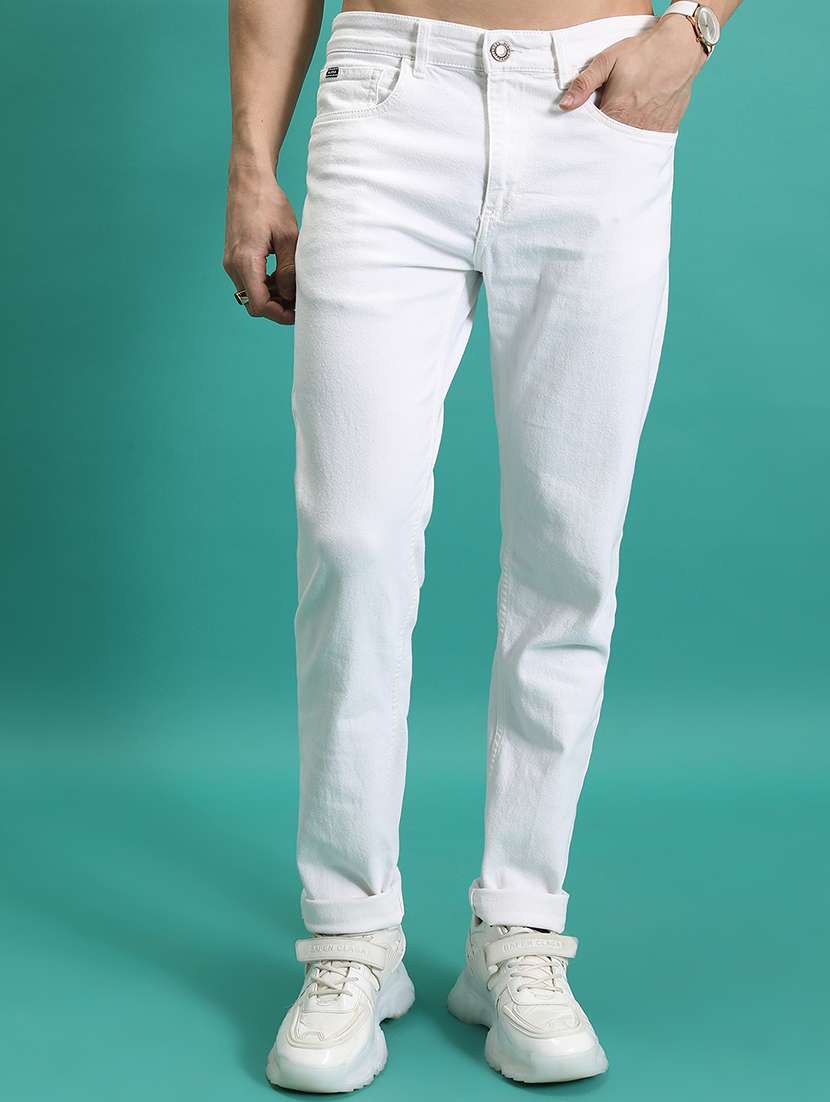 men solid  white cotton jean