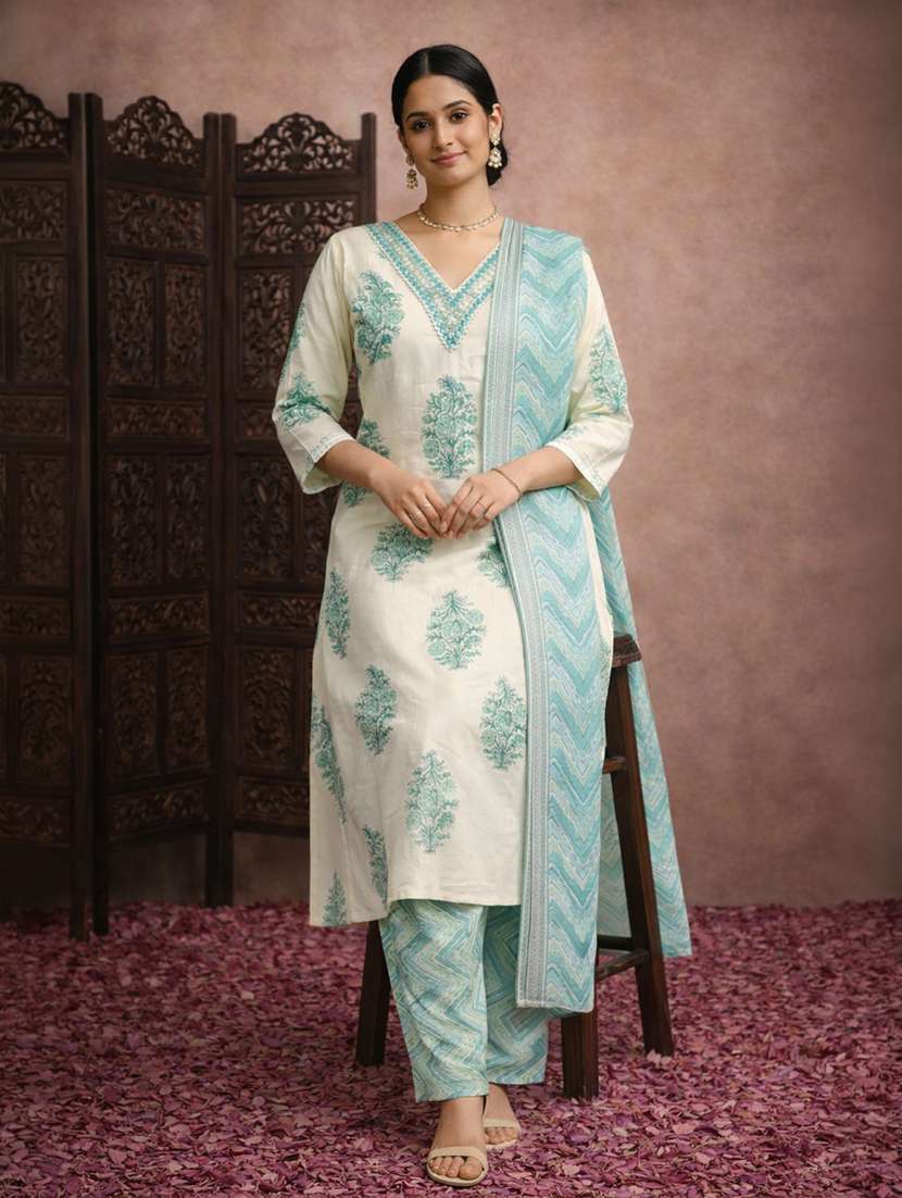 women cream cotton straight ethnic dress