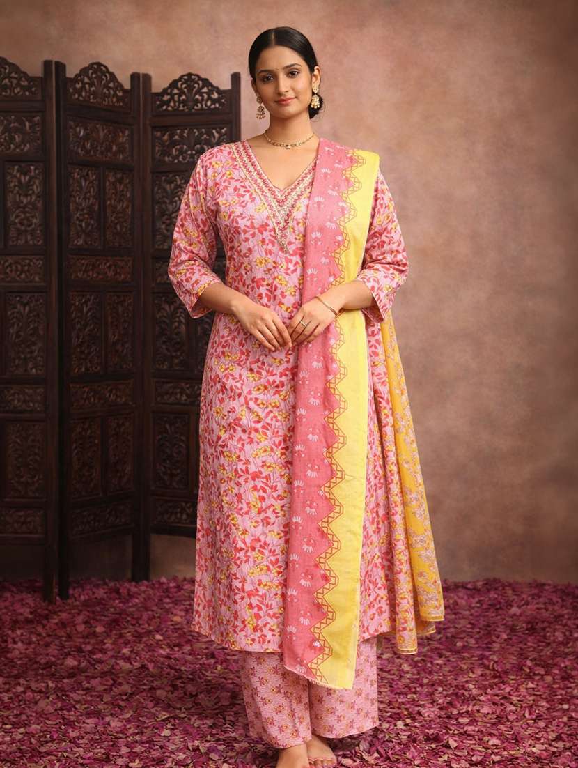 women pink cotton straight ethnic dress