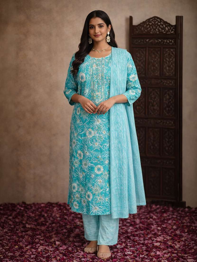 women sea green cotton straight ethnic dress